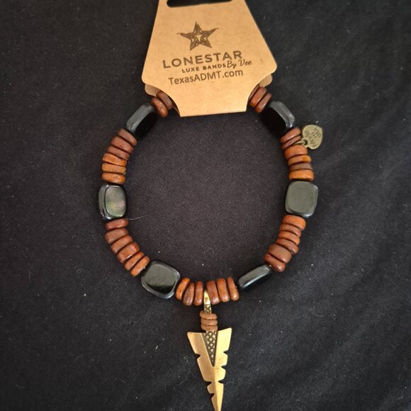 Western Beaded Hat Band Brown Wood & Black Stone Arrowhead Pendant - Picture 3 of 4